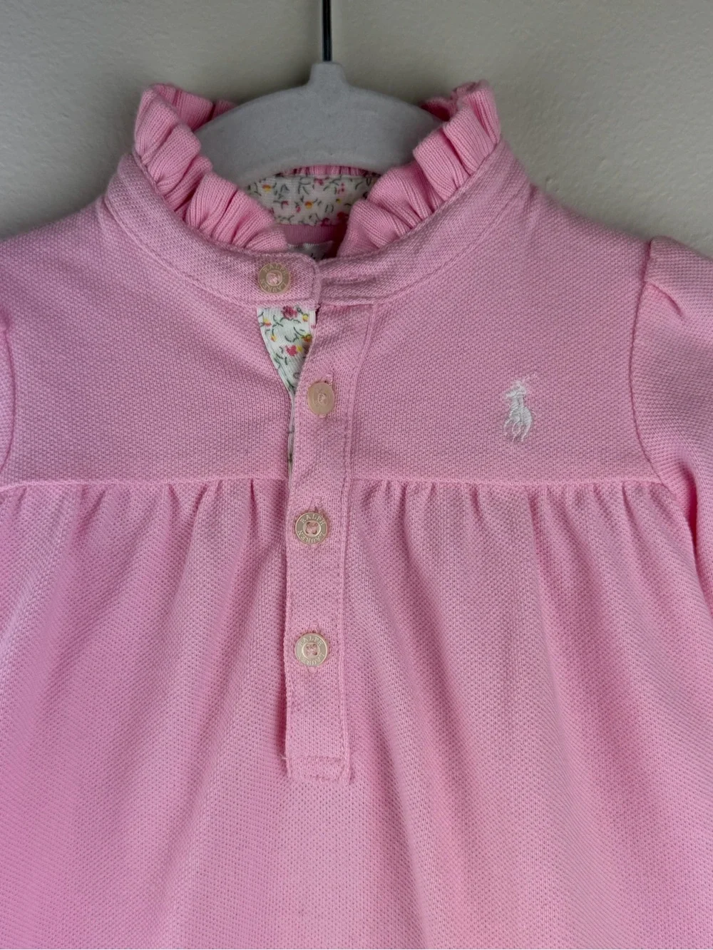 Ralph Lauren | Pink Pique Long Sleeve Ruffle Polo Dress Pony Logo | 6M